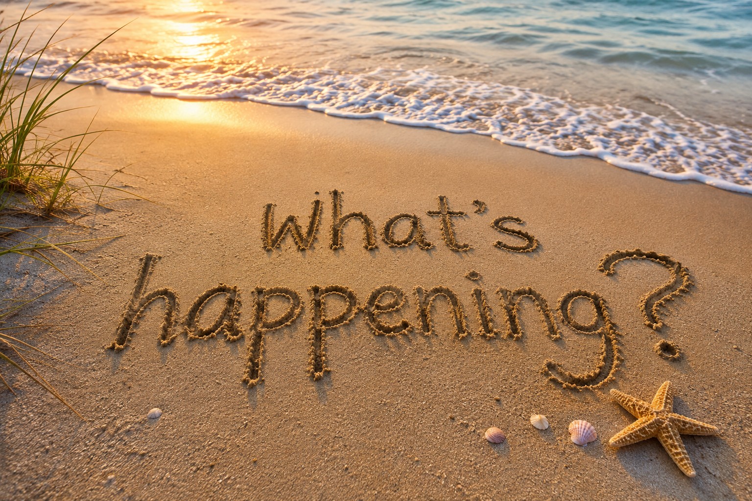 What's happening? written in the sand beside the ocean