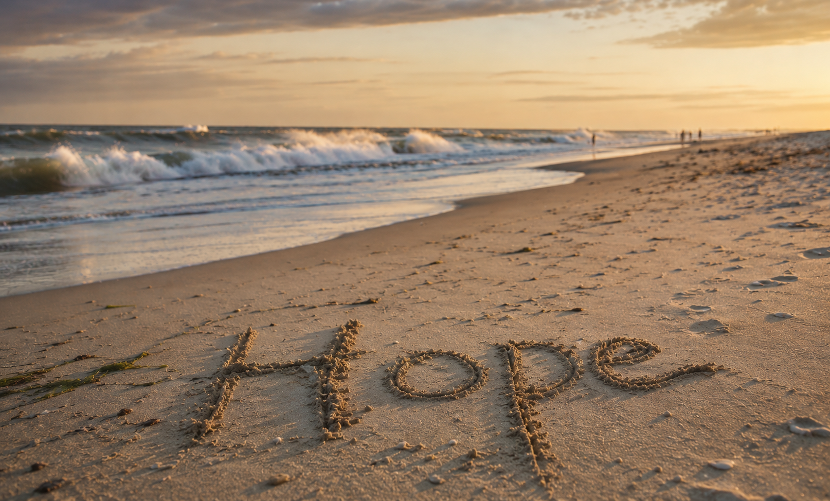 Hope written in the sand beside the water